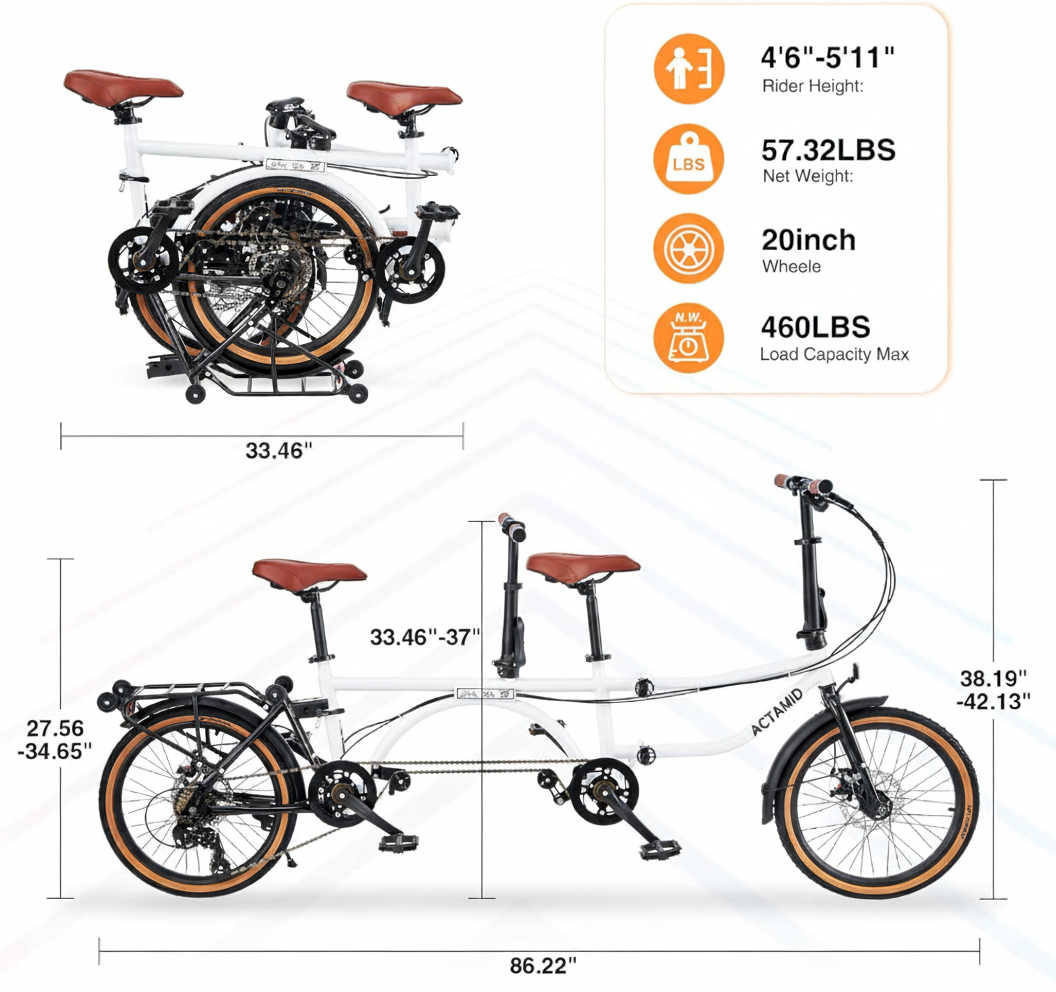 ACTAMID 20Inch Triple-Fold Brompton Style Tandem Bicycle Folding 7-Speed Tandem Bike