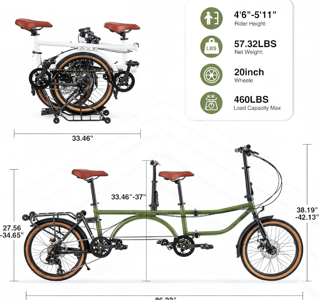 ACTAMID 20Inch Triple-Fold Brompton Style Tandem Bicycle Folding 7-Speed Tandem Bike